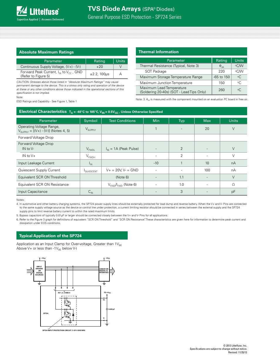 Tvs diode arrays, General purpose esd protection - sp724 series, Diodes) | Absolute maximum ratings, Electrical characteristics, Thermal information, Typical application of the sp724 | Littelfuse SP724 Lead-Free_Green Series User Manual | Page 2 / 6