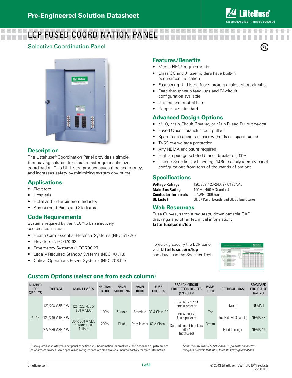 Littelfuse LCP Fused Coordination PaneL User Manual | 3 pages