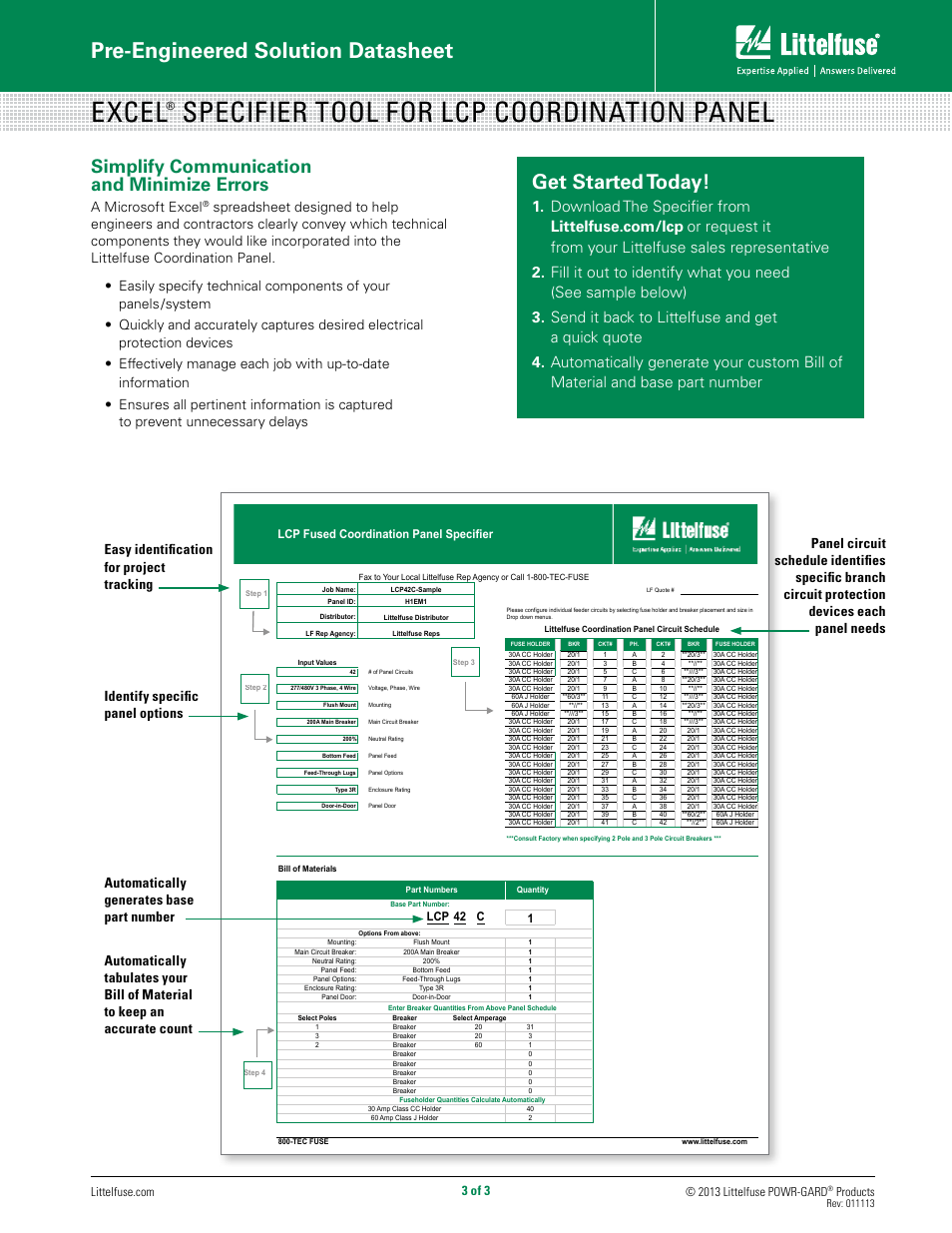 Excel, Specifier tool for lcp coordination panel, Pre-engineered solution datasheet | Get started today, Simplify communication and minimize errors, A microsoft excel, 3 of 3, Products, Lcp 42 c 1, Lcp fused coordination panel specifier | Littelfuse LCP Fused Coordination PaneL User Manual | Page 3 / 3