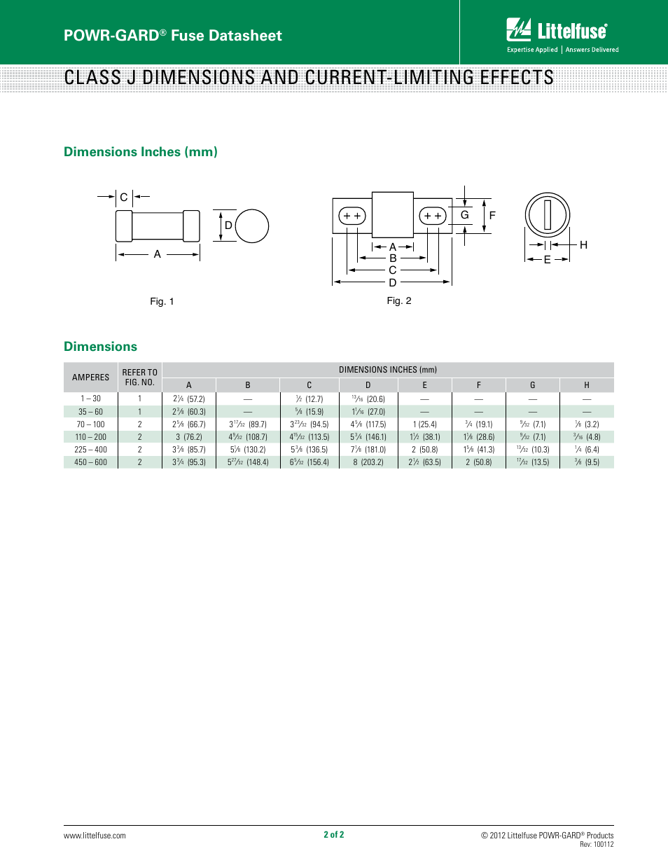 Class j dimensions and current-limiting effects, Powr-gard, Fuse datasheet | Dimensions inches (mm), Dimensions | Littelfuse JLS Series User Manual | Page 2 / 2