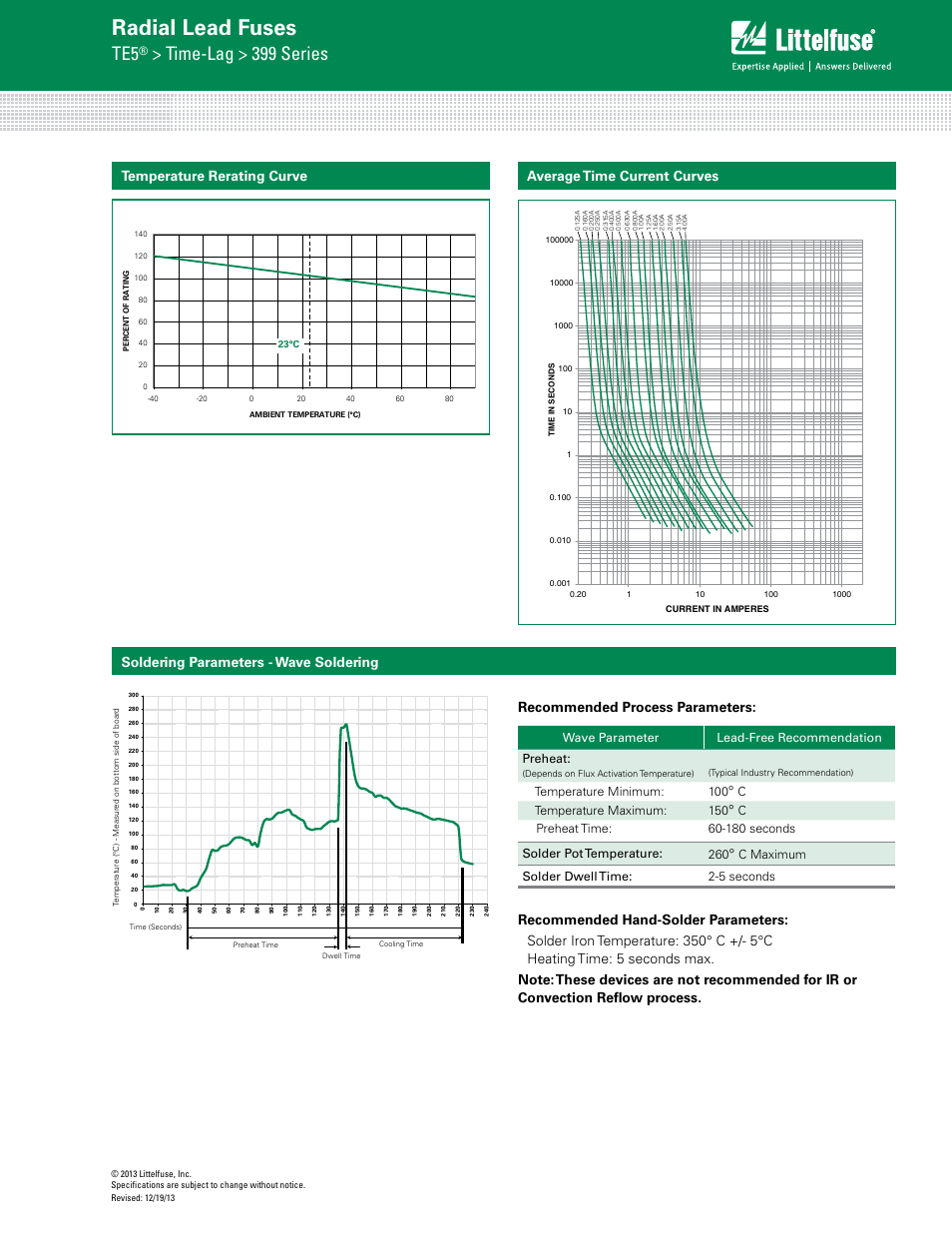 Radial lead fuses, Time-lag > 399 series, Average time current curves | Soldering parameters - wave soldering, Wave parameter lead-free recommendation preheat, Temperature minimum: 100, Ctemperature maximum: 150, C maximum solder dwell time: 2-5 seconds | Littelfuse 399 Series User Manual | Page 2 / 3