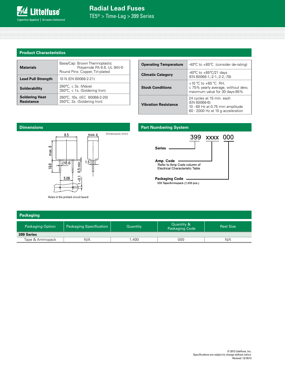 Radial lead fuses, Time-lag > 399 series | Littelfuse 399 Series User Manual | Page 3 / 3