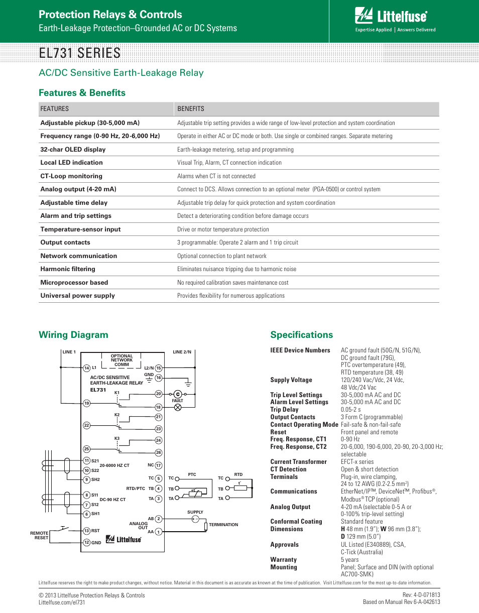 El731 series, Protection relays & controls, Specifications | Ac/dc sensitive earth-leakage relay | Littelfuse EL731 Series User Manual | Page 2 / 2