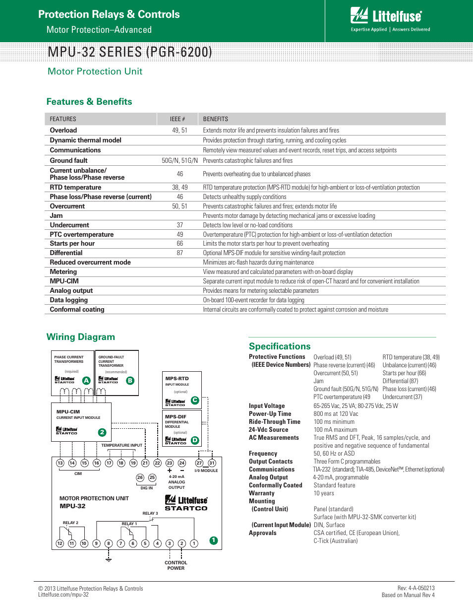 Protection relays & controls, Motor protection–advanced, Features & benefits wiring diagram specifications | Motor protection unit | Littelfuse MPU-32 (PGR-6200) Series User Manual | Page 2 / 2