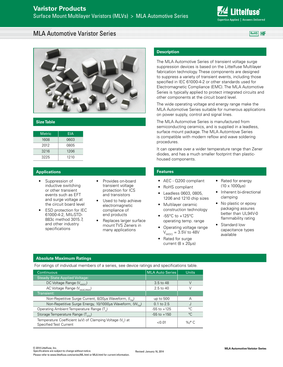Littelfuse MLA Automotive Varistor Series User Manual | 8 pages