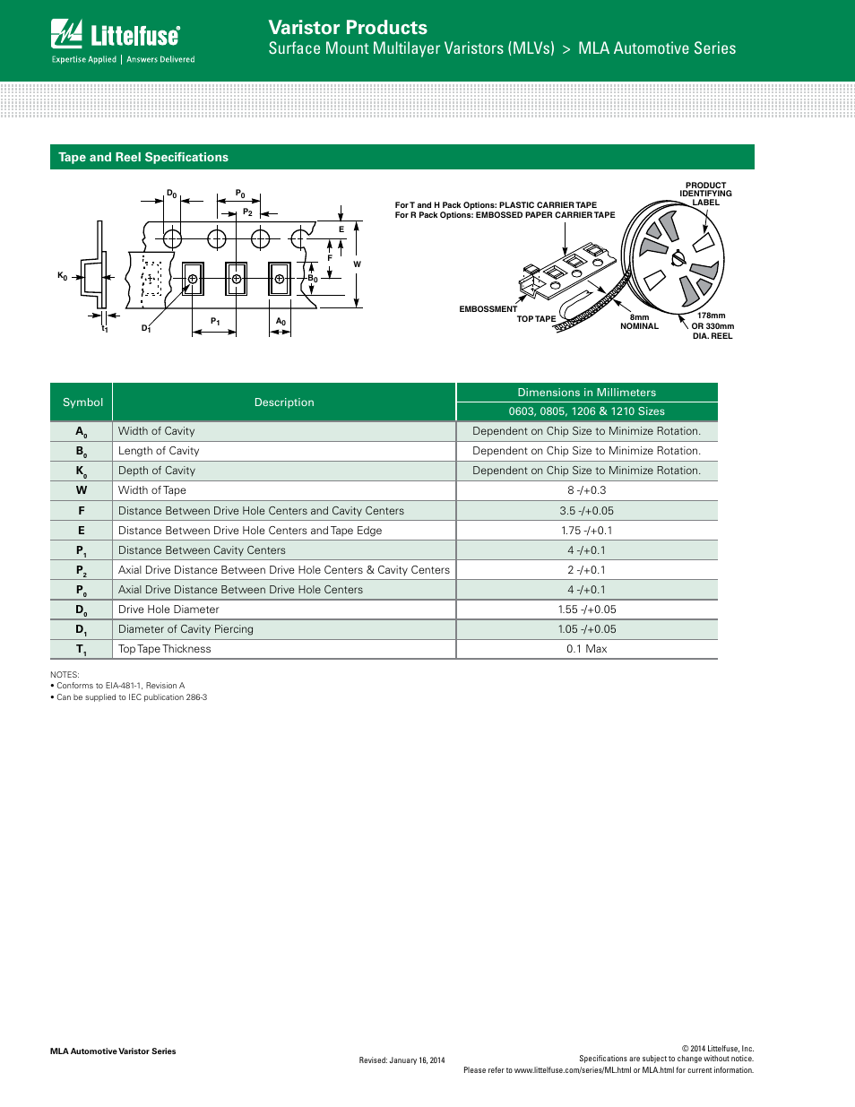 Varistor products, Tape and reel specifications | Littelfuse MLA Automotive Varistor Series User Manual | Page 8 / 8