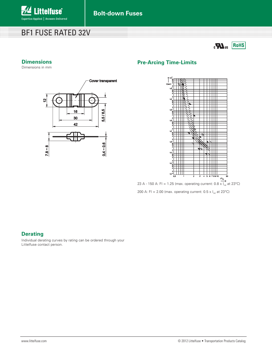 Bf1 fuse rated 32v, Bolt-down fuses, Dimensions | Derating, Pre-arcing time-limits | Littelfuse BF1 32V Series User Manual | Page 2 / 2