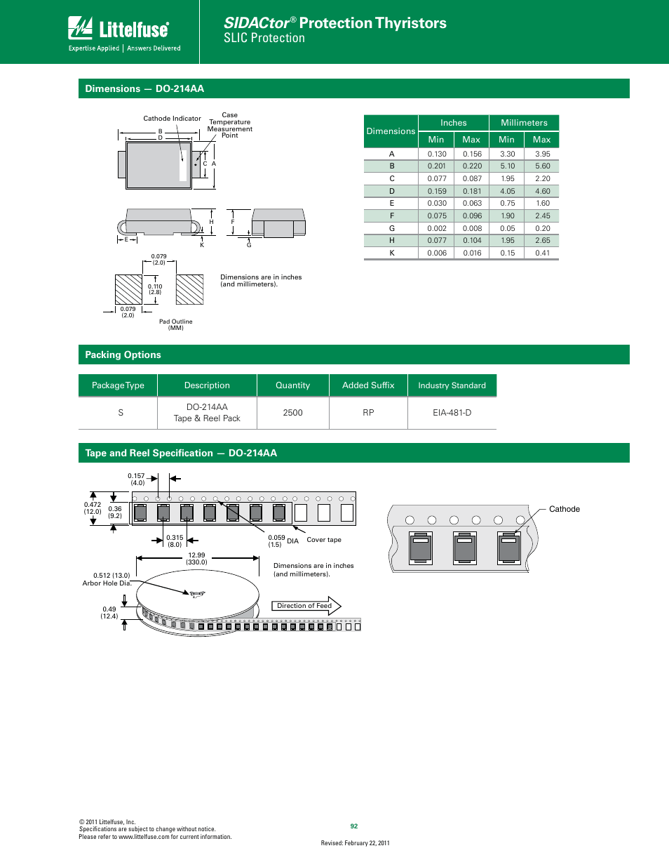 Sidactor, Protection thyristors, Slic protection | Dimensions — do-214aa | Littelfuse Fixed Voltage Series DO-214 User Manual | Page 4 / 4