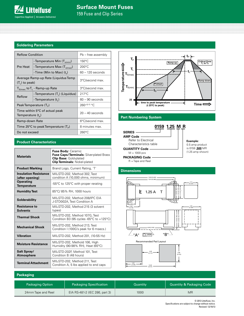 Surface mount fuses, 159 fuse and clip series, A" "b | Product characteristics, Dimensions, 25 a t | Littelfuse 159 Series User Manual | Page 4 / 4