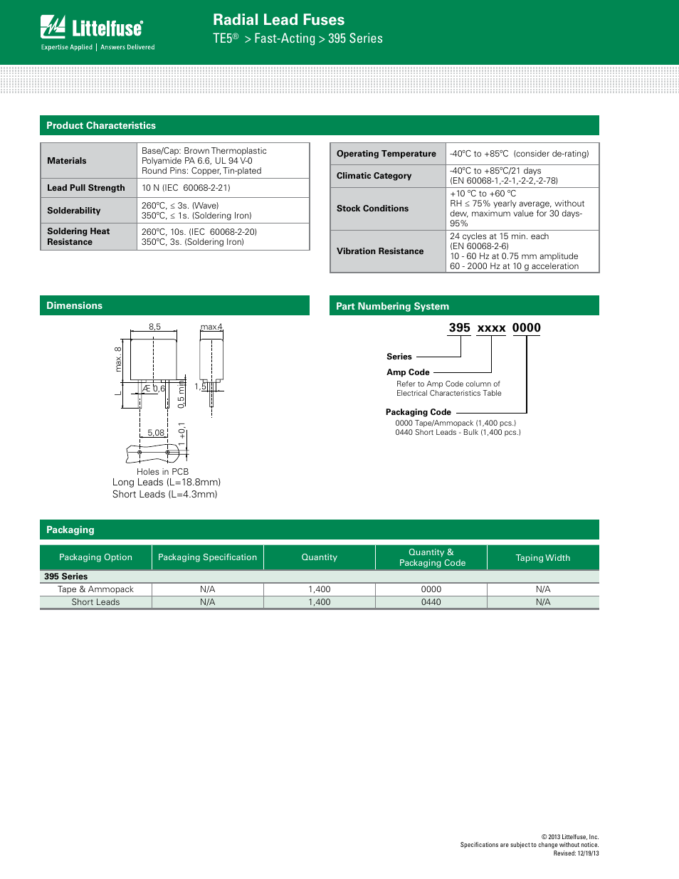 Radial lead fuses, Fast-acting > 395 series | Littelfuse 395 Series User Manual | Page 3 / 3