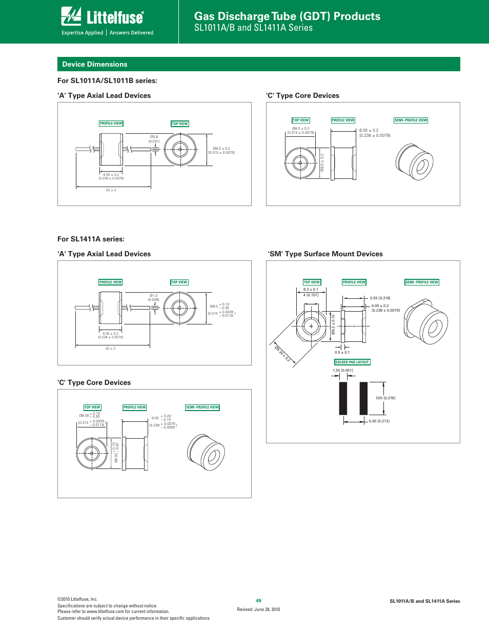 Gas discharge tube (gdt) products, Device dimensions, C' type core devices | Littelfuse SL1011A Series User Manual | Page 3 / 6