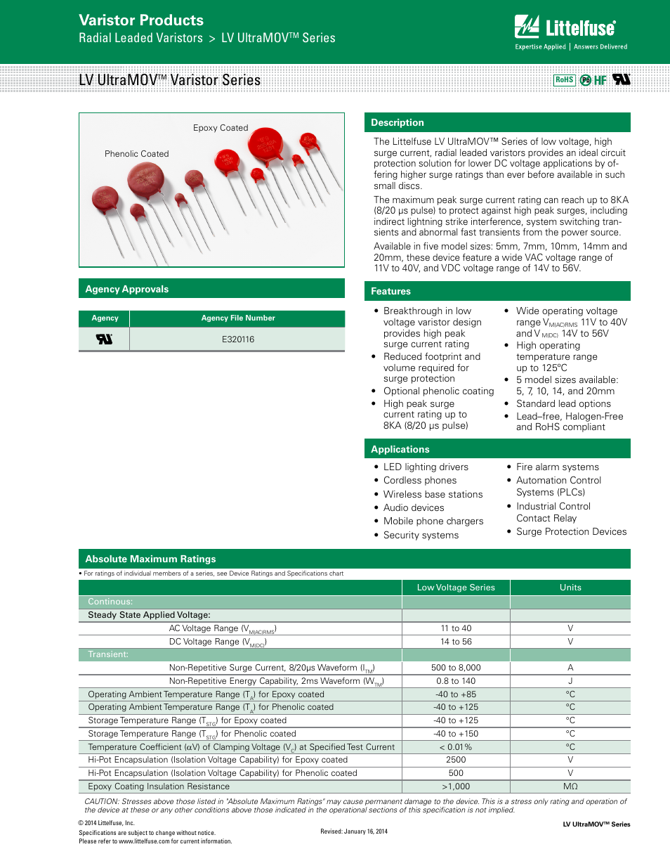 Littelfuse LV UltraMOV Varistor Series User Manual | 9 pages