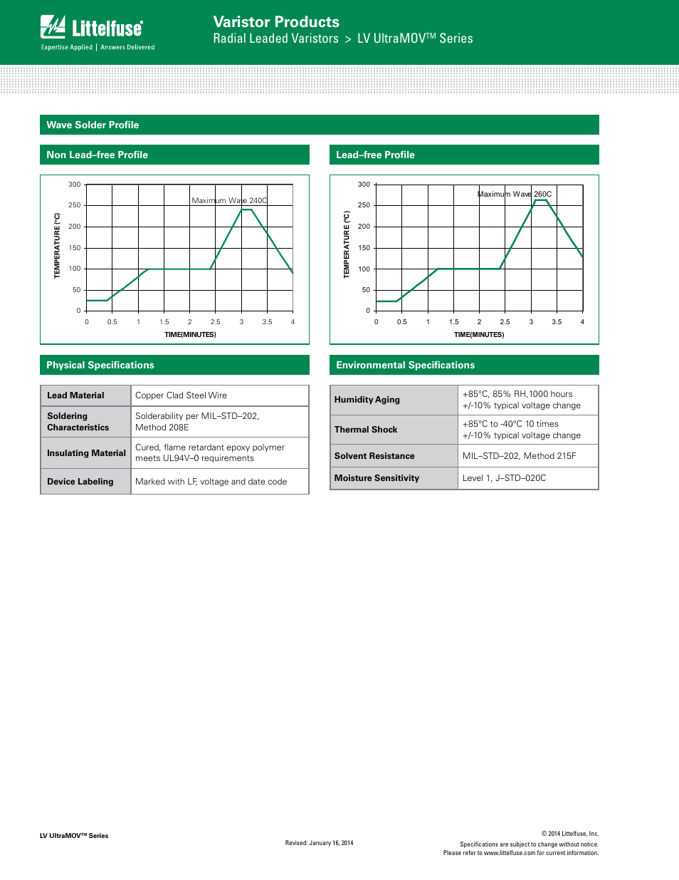 Varistor products, Radial leaded varistors > lv ultramov, Series | Lead–free profile, Non lead–free profile | Littelfuse LV UltraMOV Varistor Series User Manual | Page 6 / 9