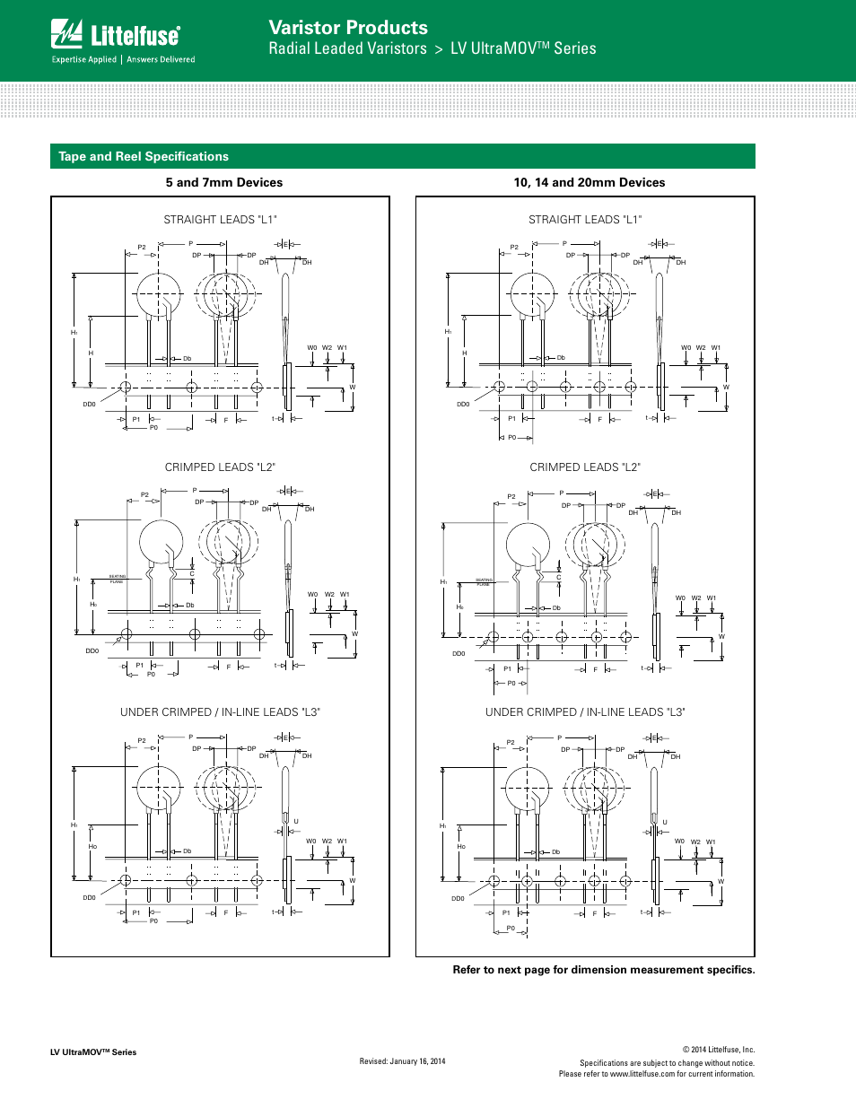 Varistor products, Radial leaded varistors > lv ultramov, Series | Tape and reel specifications, Crimped leads "l2, Under-crimped leads "zu, Crimped leads "zt, Under crimped / in-line leads "l3, Straight leads "l1 | Littelfuse LV UltraMOV Varistor Series User Manual | Page 8 / 9