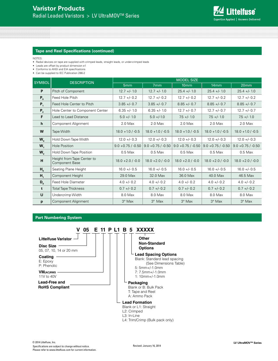 Varistor products, Radial leaded varistors > lv ultramov, Series | P l1 b | Littelfuse LV UltraMOV Varistor Series User Manual | Page 9 / 9