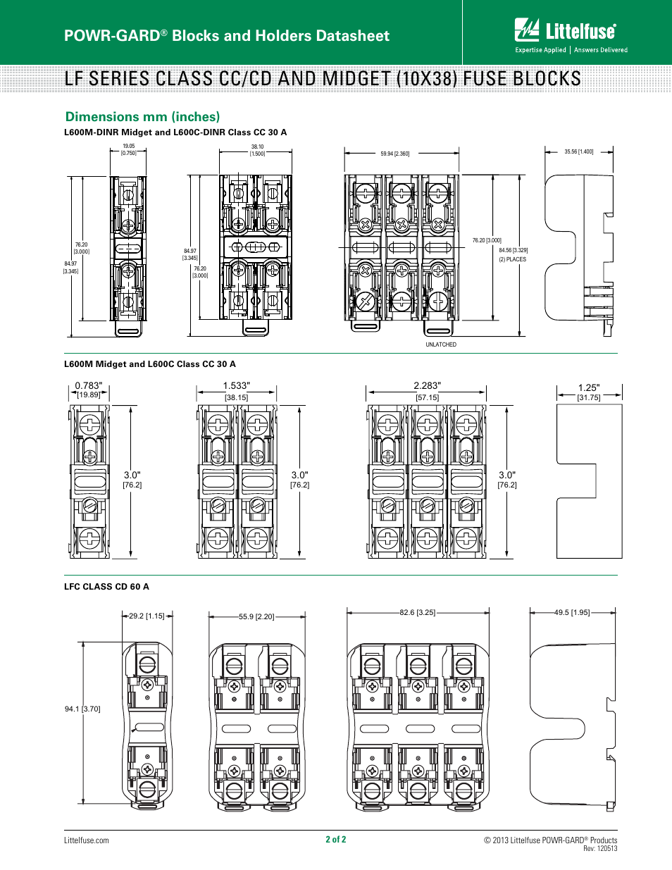 Powr-gard, Blocks and holders datasheet, Dimensions mm (inches) | Littelfuse LFCD Series User Manual | Page 2 / 2