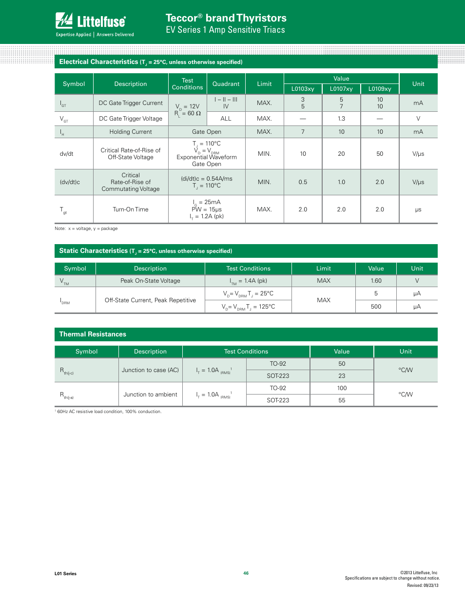 Teccor, Brand thyristors, Ev series 1 amp sensitive triacs | Littelfuse L01 Series User Manual | Page 2 / 8