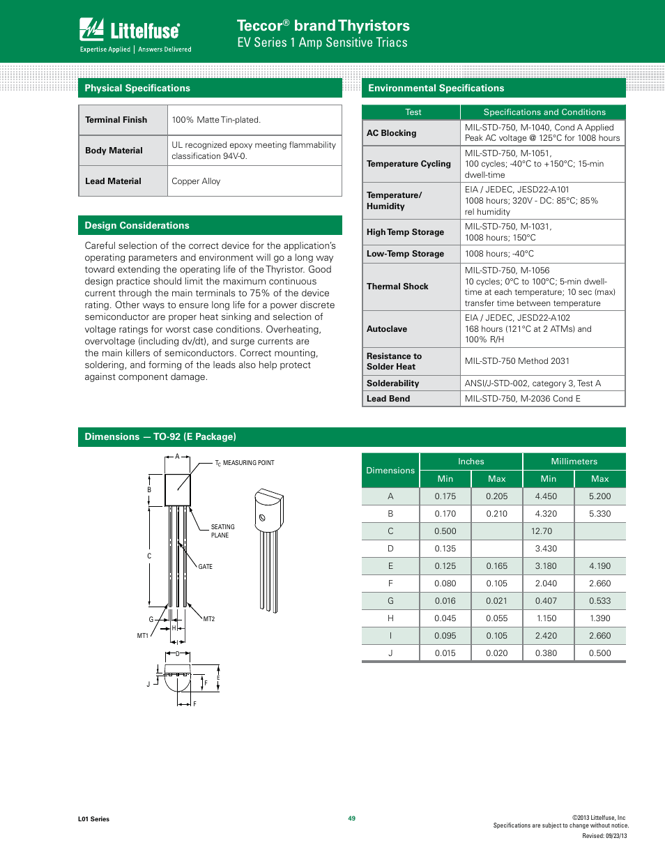 Teccor, Brand thyristors, Ev series 1 amp sensitive triacs | Littelfuse L01 Series User Manual | Page 5 / 8