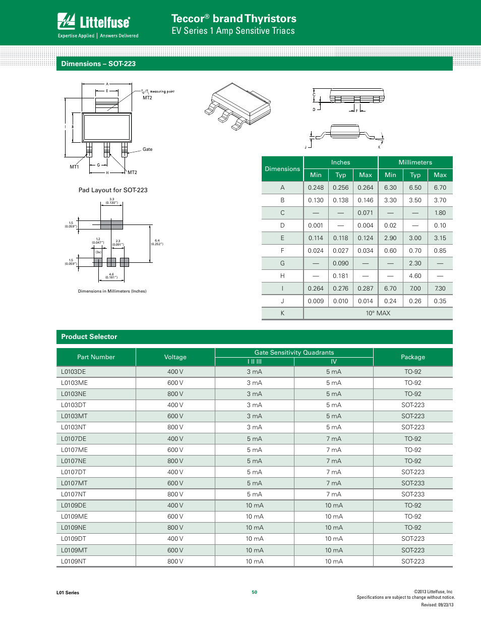 Teccor, Brand thyristors, Ev series 1 amp sensitive triacs | Littelfuse L01 Series User Manual | Page 6 / 8