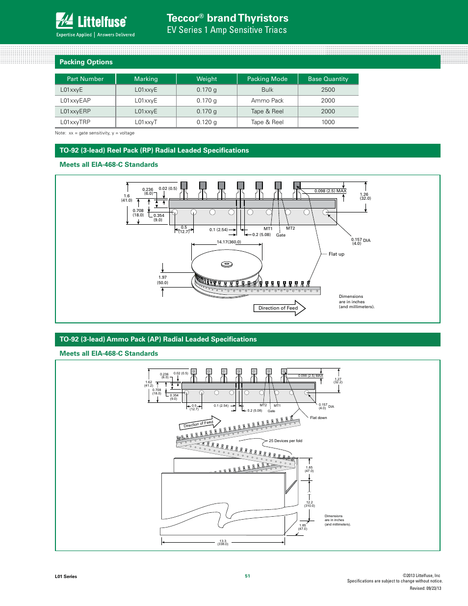 Teccor, Brand thyristors, Ev series 1 amp sensitive triacs | Packing options | Littelfuse L01 Series User Manual | Page 7 / 8
