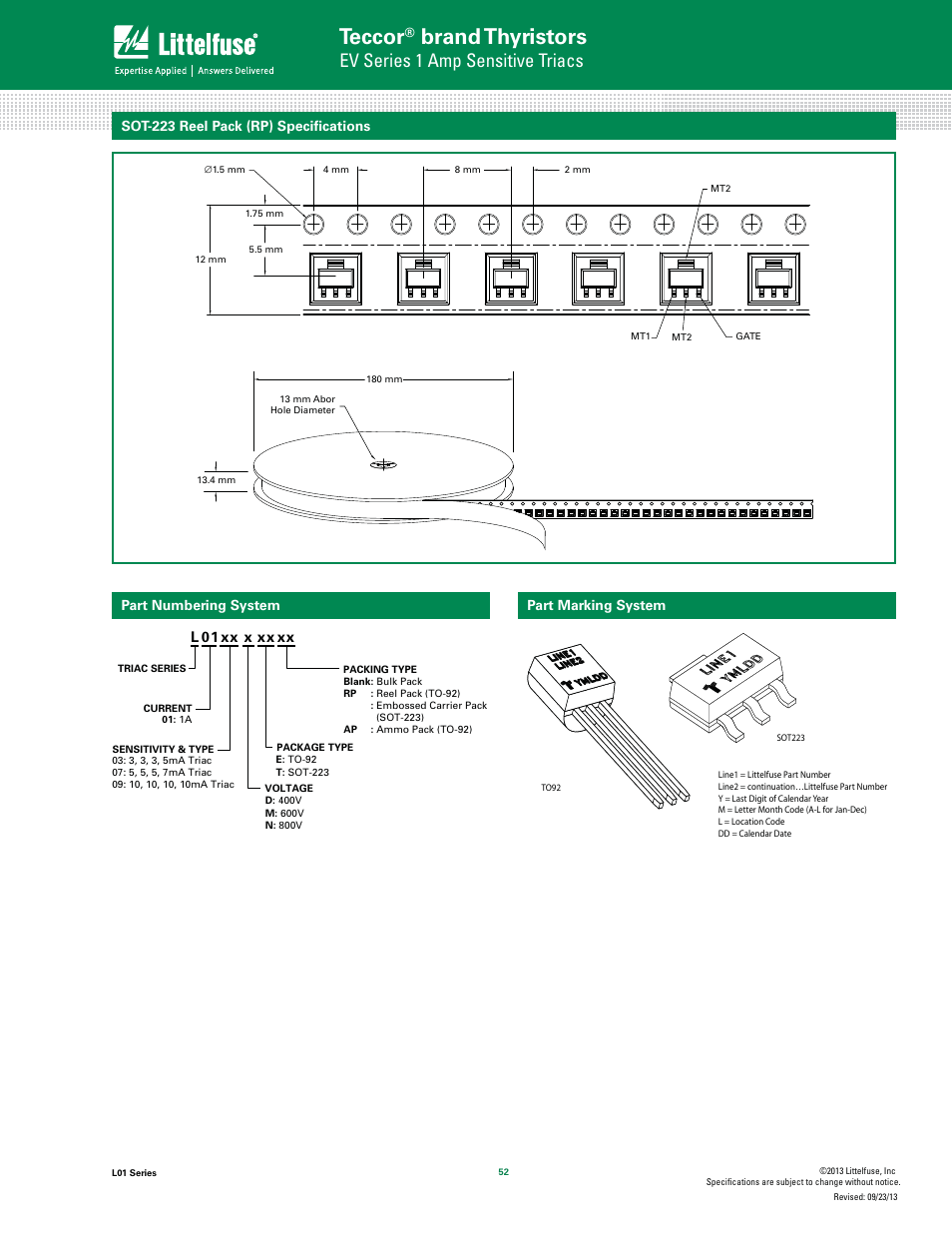 Teccor, Brand thyristors, Ev series 1 amp sensitive triacs | Littelfuse L01 Series User Manual | Page 8 / 8