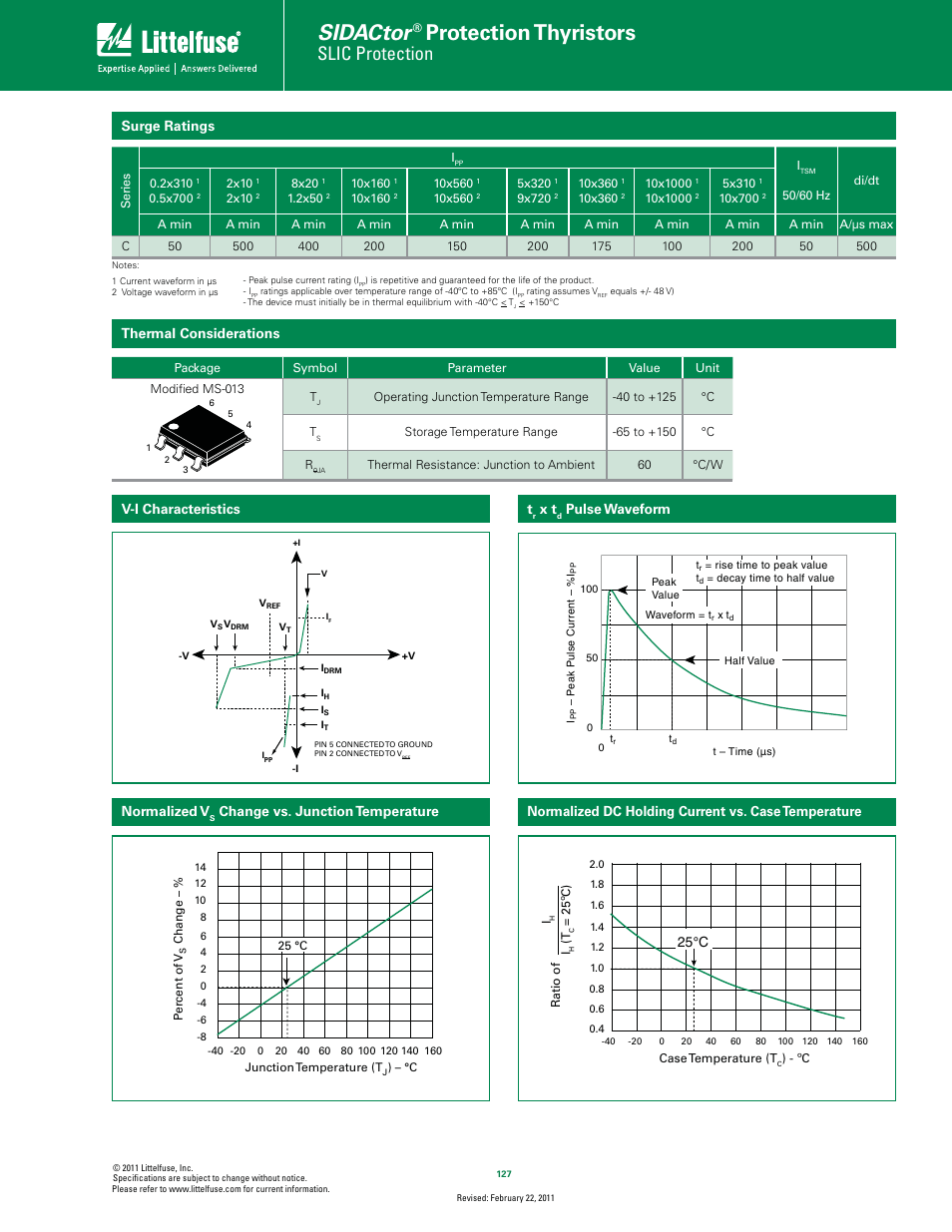 Sidactor, Protection thyristors, Slic protection | Surge ratings, Thermal considerations, V-i characteristics t, Pulse waveform, 25°c, Normalized v | Littelfuse Battrax Series MS-013 Dual Port Negative User Manual | Page 2 / 4