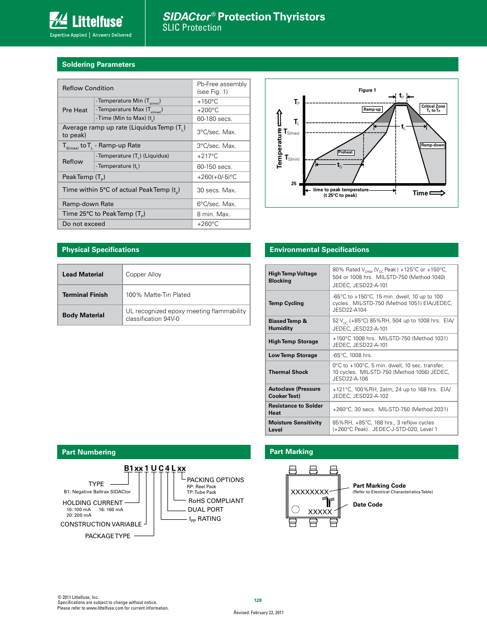 Sidactor, Protection thyristors, Slic protection | B1xx 1 u c 4 l xx, Part numbering part marking | Littelfuse Battrax Series MS-013 Dual Port Negative User Manual | Page 3 / 4