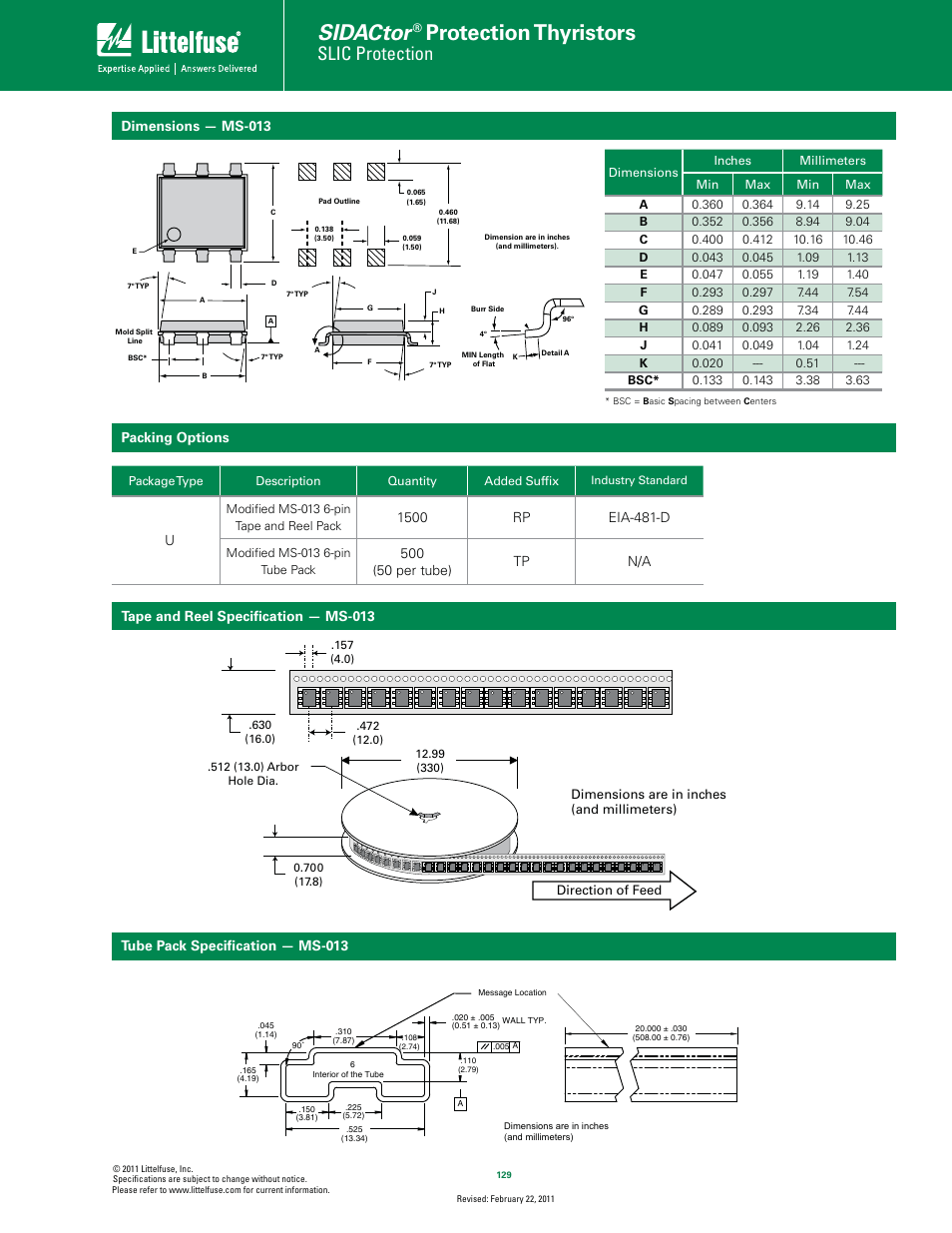 Sidactor, Protection thyristors, Slic protection | Tape and reel speciﬁcation — ms-013, Tube pack speciﬁcation — ms-013 | Littelfuse Battrax Series MS-013 Dual Port Negative User Manual | Page 4 / 4