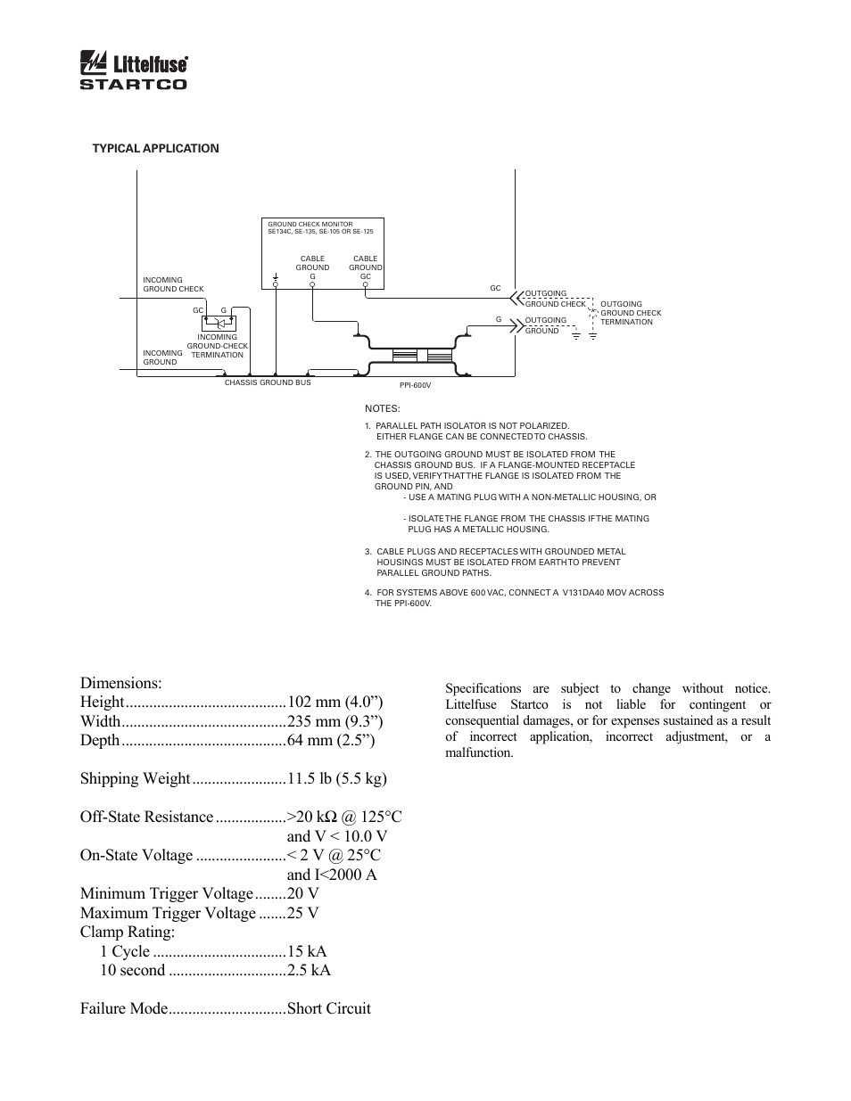 Technical specifications, Ppi-600v parallel path isolator, Isclaimer | Littelfuse PPI-600V User Manual | Page 2 / 2