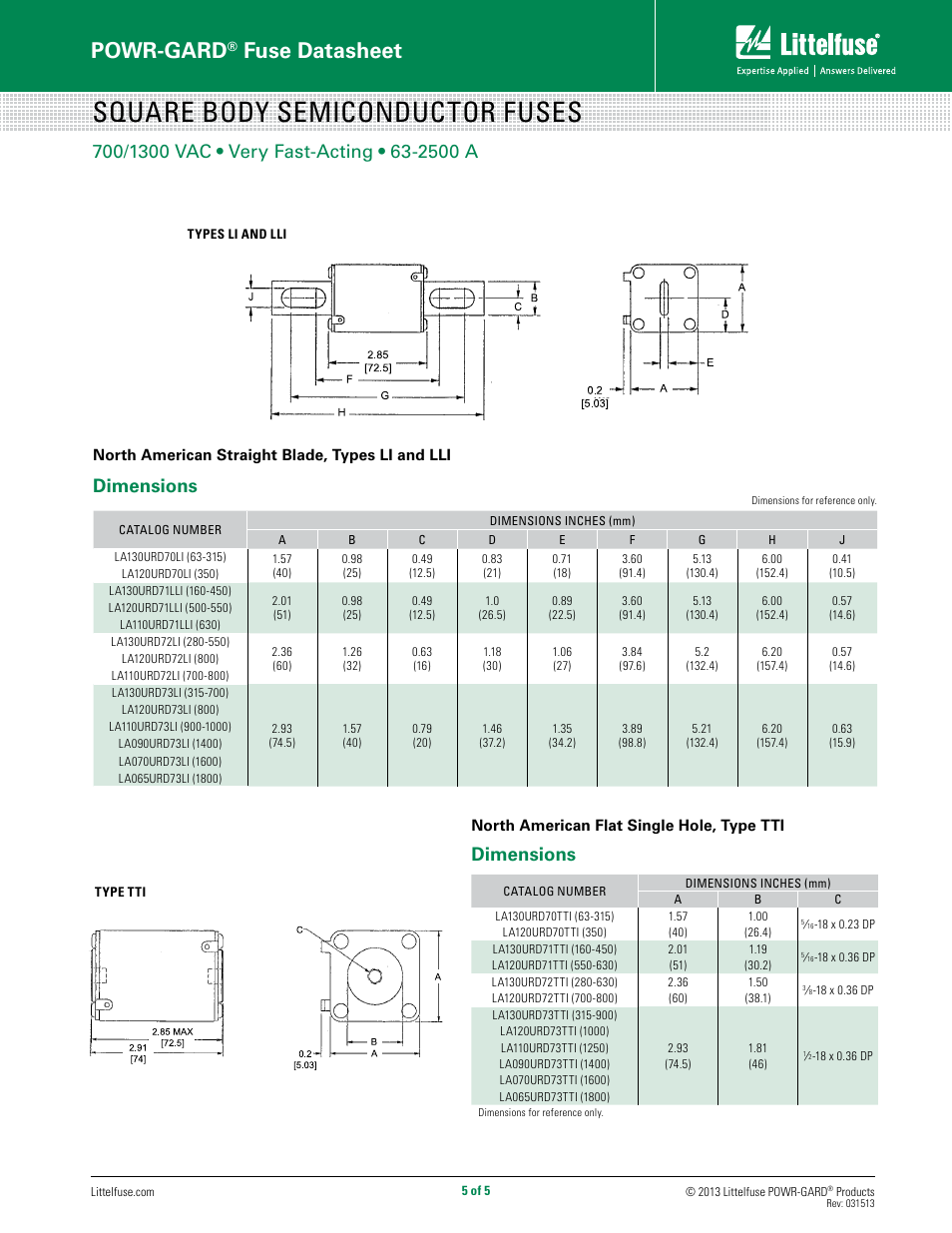 Square body semiconductor fuses, Powr-gard, Fuse datasheet | Dimensions | Littelfuse LAxxxURD Series Square body User Manual | Page 5 / 5