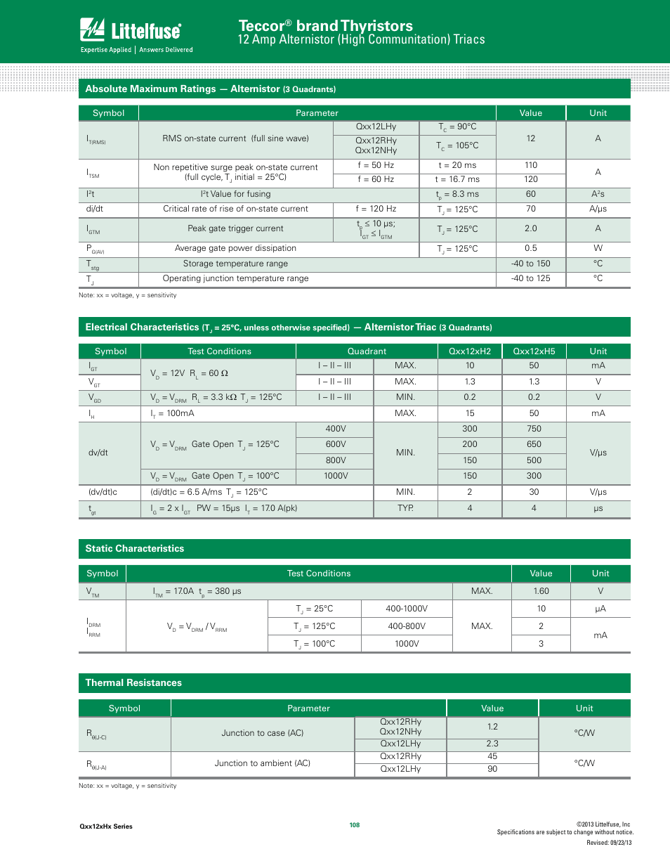 Teccor, Brand thyristors, 12 amp alternistor (high communitation) triacs | Littelfuse Qxx12xHx Series User Manual | Page 2 / 8