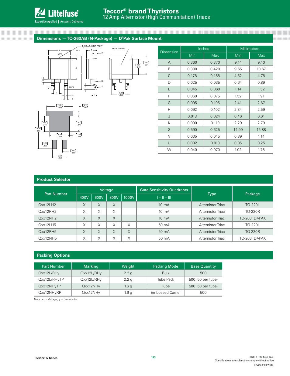Teccor, Brand thyristors, 12 amp alternistor (high communitation) triacs | Product selector, Packing options, Dimensions — to-263ab (n-package) — d, Pak surface mount | Littelfuse Qxx12xHx Series User Manual | Page 7 / 8