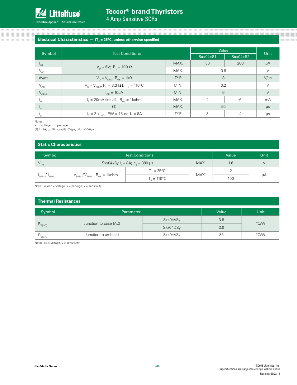Teccor, Brand thyristors, 4 amp sensitive scrs | Littelfuse Sxx04xSx Series User Manual | Page 2 / 8