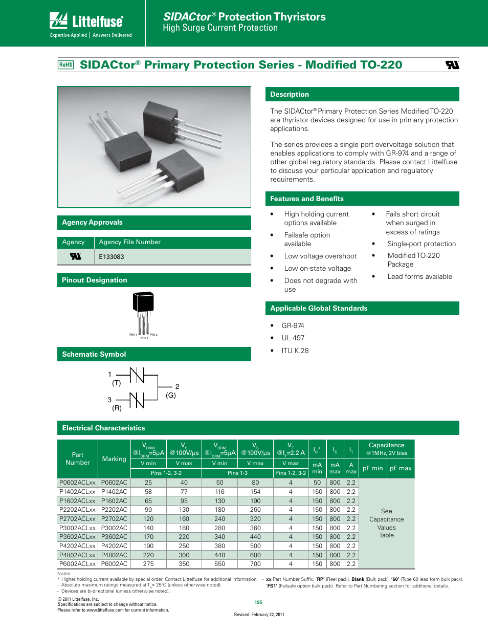 Littelfuse SIDACtor Primary Protection Series TO-220 User Manual | 4 pages