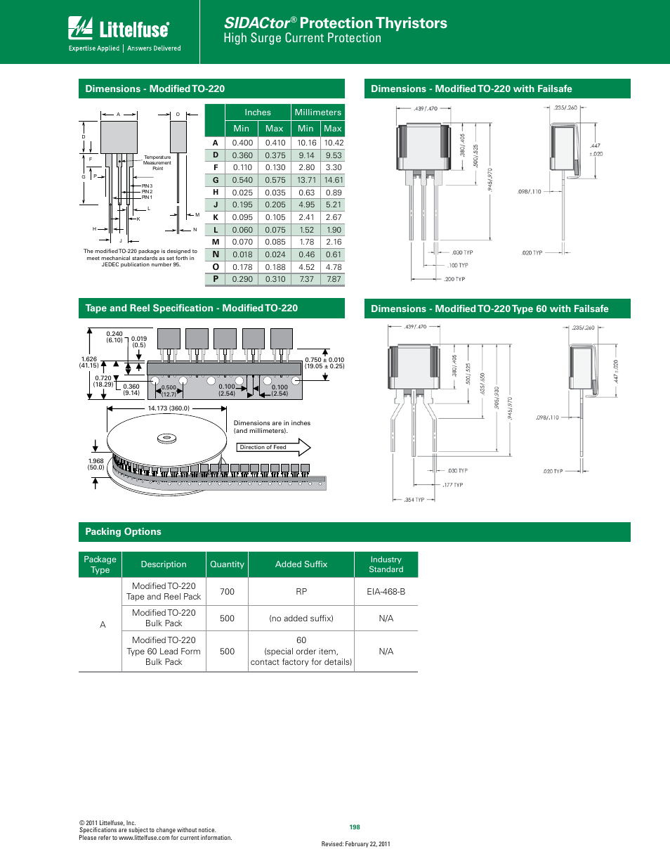 Sidactor, Protection thyristors, High surge current protection | Dimensions - modiﬁed to-220, Packing options | Littelfuse SIDACtor Primary Protection Series TO-220 User Manual | Page 4 / 4