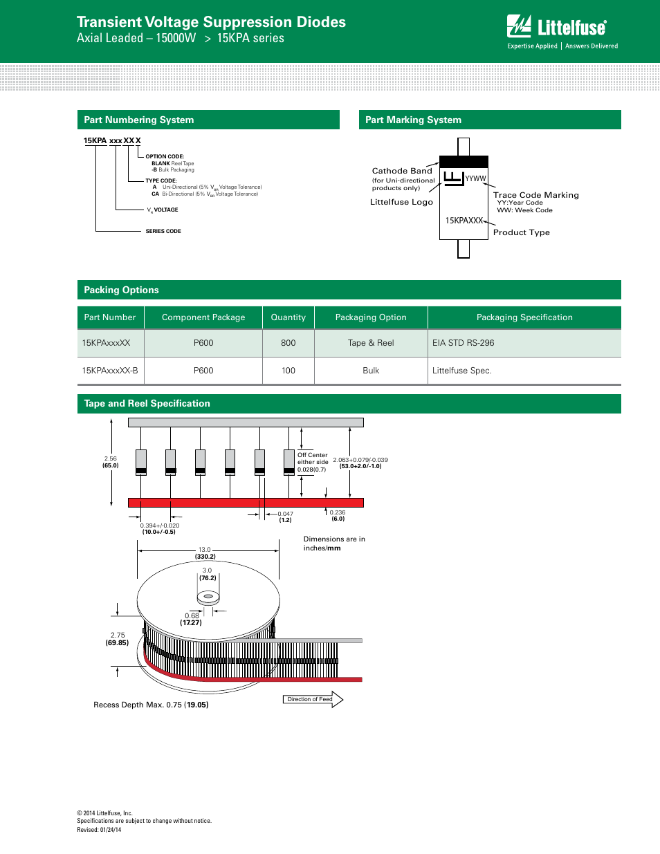 Transient voltage suppression diodes, Part numbering system packing options, Part marking system | Tape and reel specification | Littelfuse 15KPA Series User Manual | Page 6 / 6