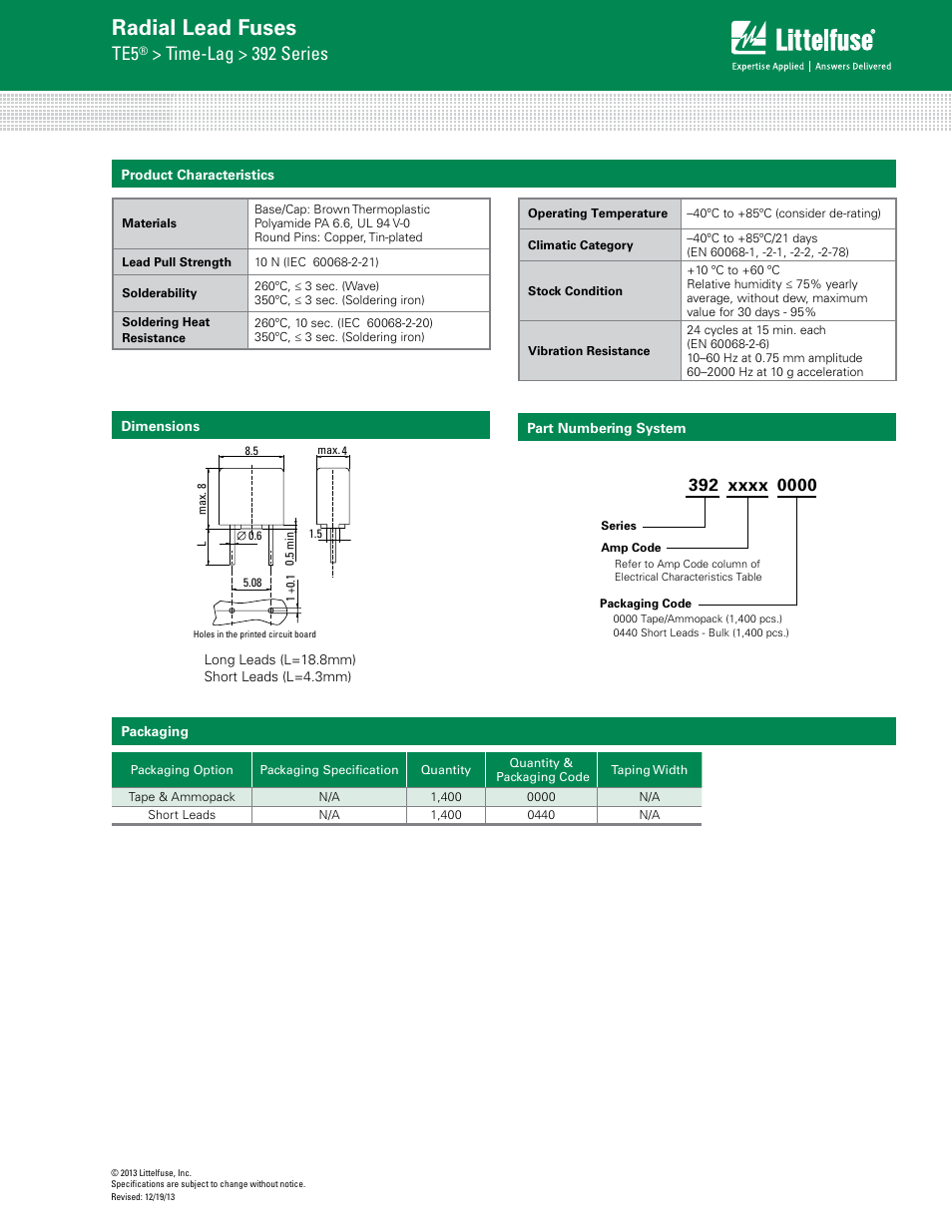 Radial lead fuses, Time-lag > 392 series | Littelfuse 392 Series User Manual | Page 3 / 3
