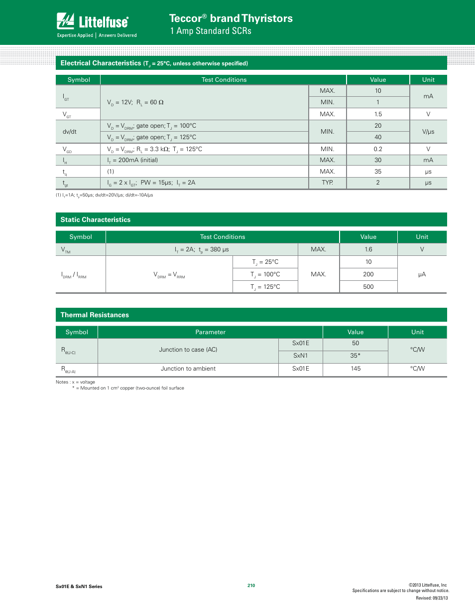 Teccor, Brand thyristors, 1 amp standard scrs | Littelfuse SxN1 Series User Manual | Page 2 / 9