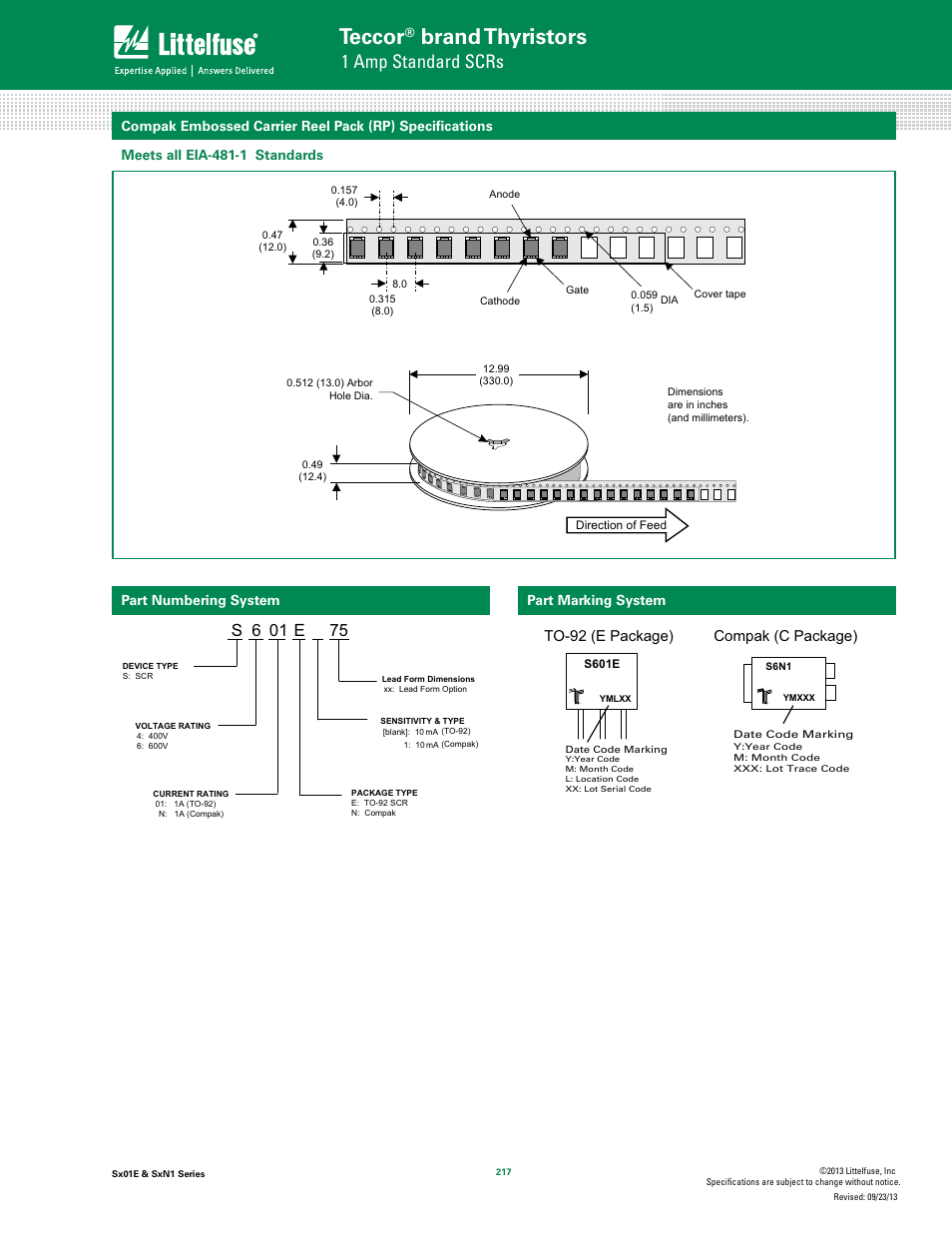 Teccor, Brand thyristors, 1 amp standard scrs | S 6 01 e, Compak (c package) to-92 (e package) | Littelfuse SxN1 Series User Manual | Page 9 / 9