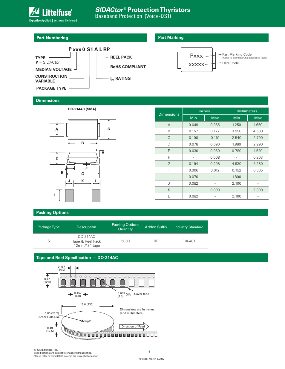 Sidactor, Protection thyristors, Baseband protection (voice-ds1) | Pxxx, Pa l rp, Xxx 0 s1 | Littelfuse SIDACtor Series SMA User Manual | Page 4 / 4