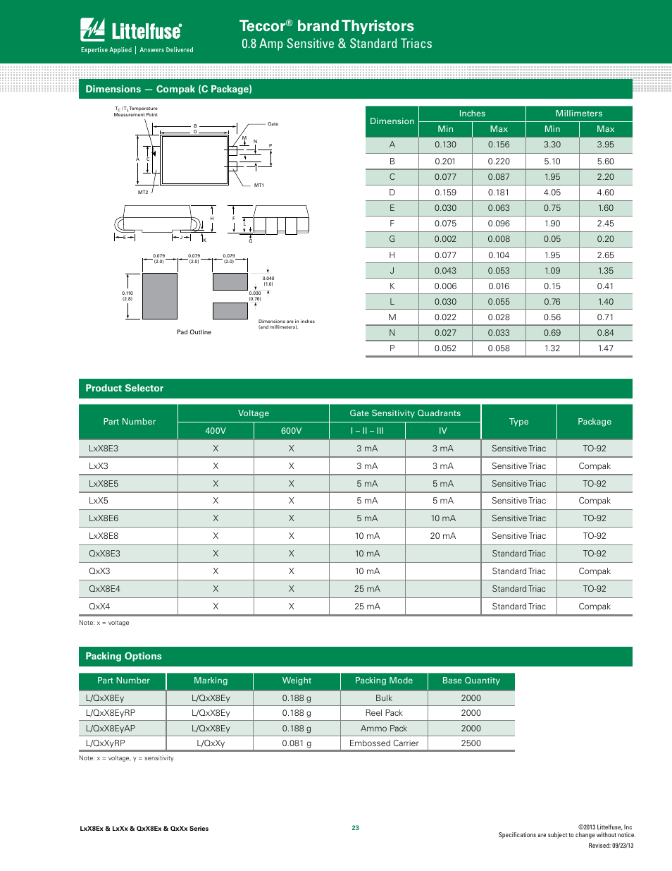 Teccor, Brand thyristors, 8 amp sensitive & standard triacs | Littelfuse QxXx Series User Manual | Page 7 / 9