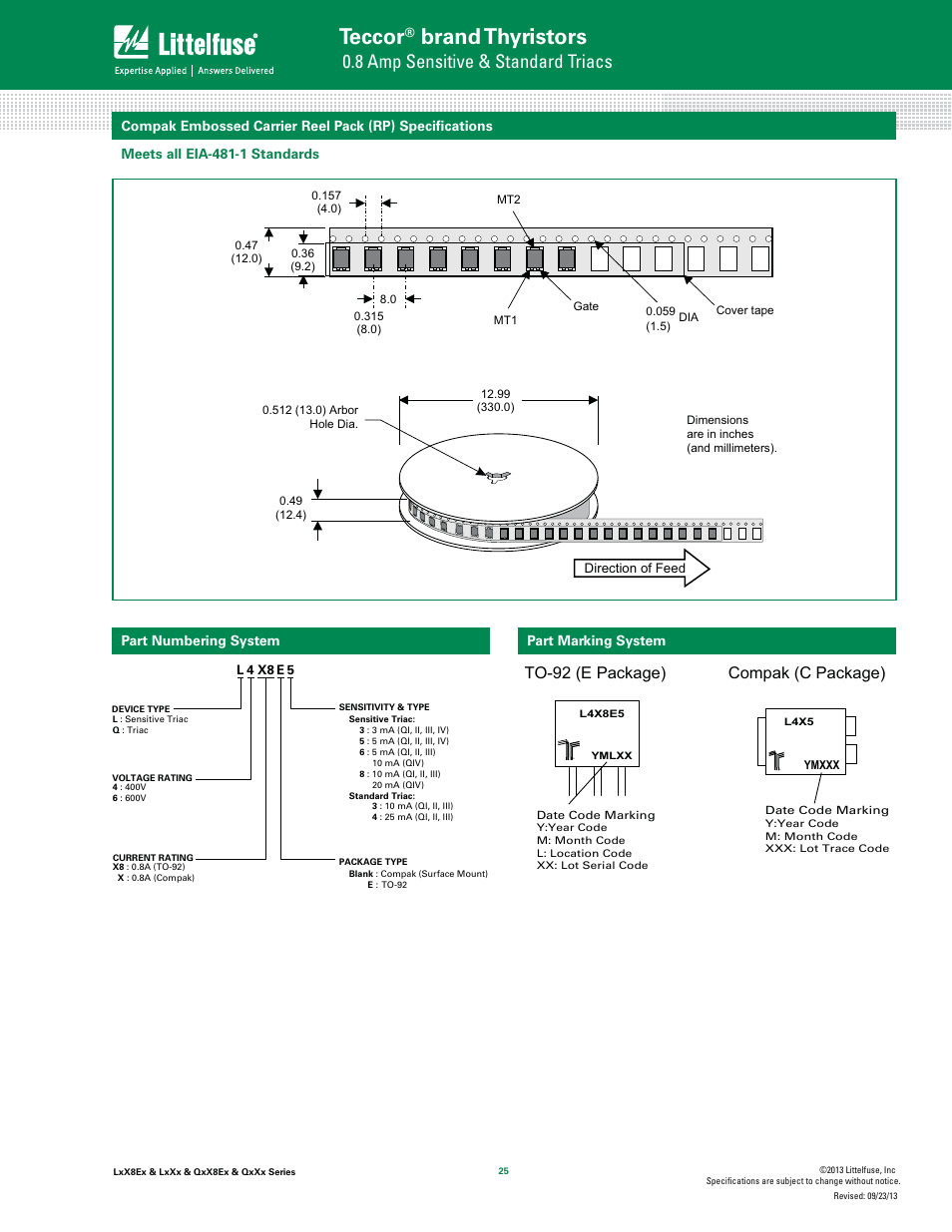 Teccor, Brand thyristors, 8 amp sensitive & standard triacs | Compak (c package) to-92 (e package) | Littelfuse QxXx Series User Manual | Page 9 / 9