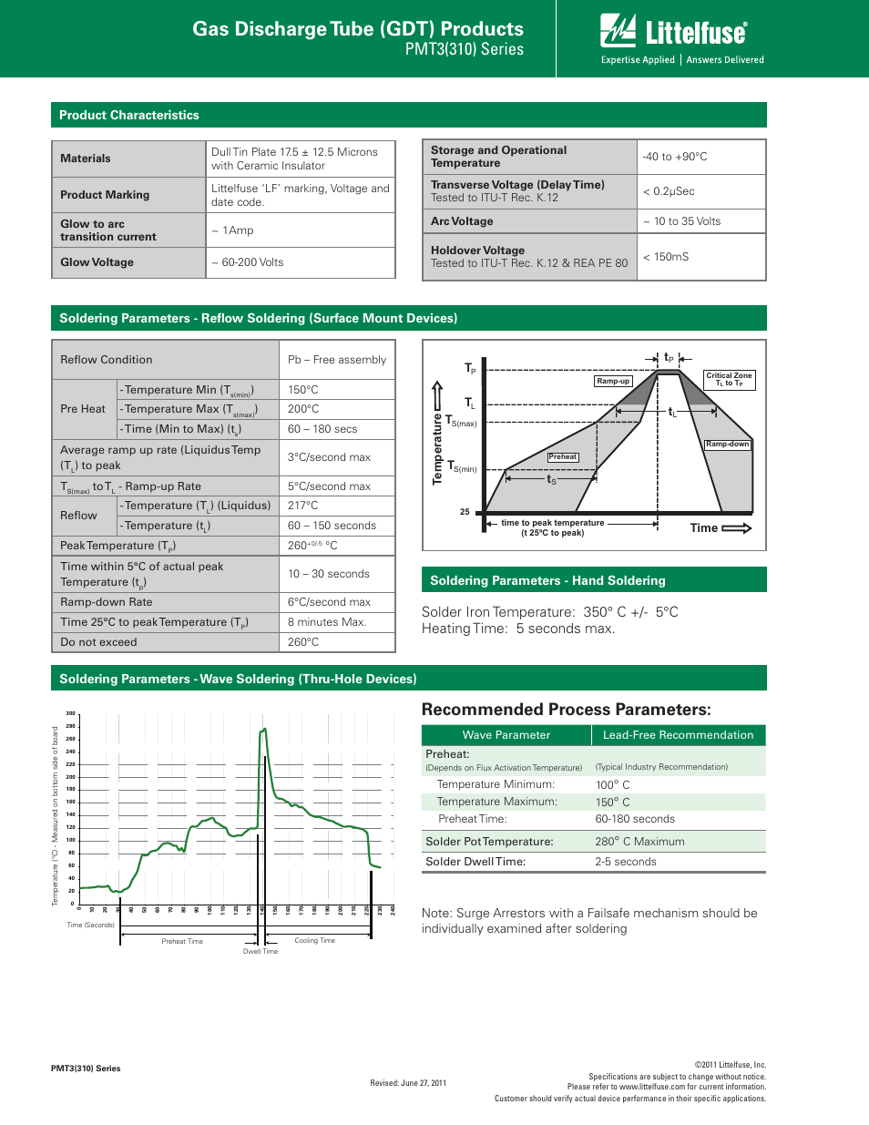 Gas discharge tube (gdt) products, Pmt3(310) series, Recommended process parameters | Product characteristics | Littelfuse PMT3(310) Series User Manual | Page 2 / 3