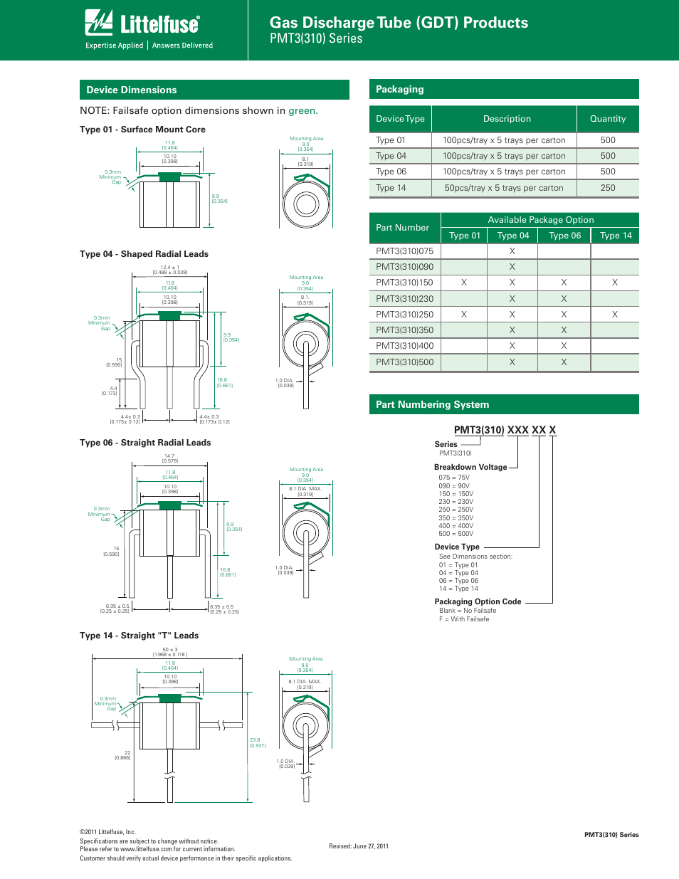 Gas discharge tube (gdt) products, Pmt3(310) series, Packaging | Littelfuse PMT3(310) Series User Manual | Page 3 / 3