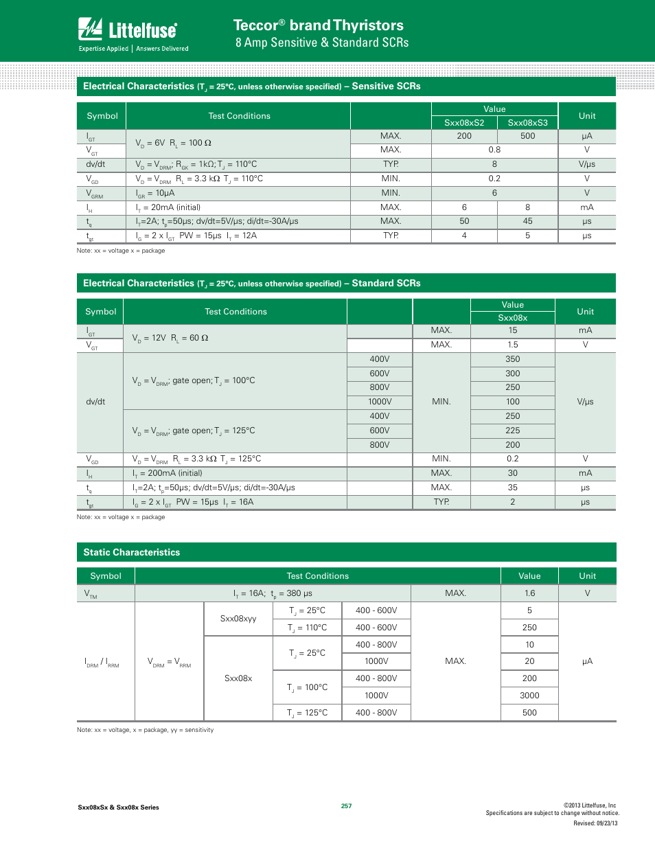 Teccor, Brand thyristors, 8 amp sensitive & standard scrs | Littelfuse Sxx08x Series User Manual | Page 3 / 11