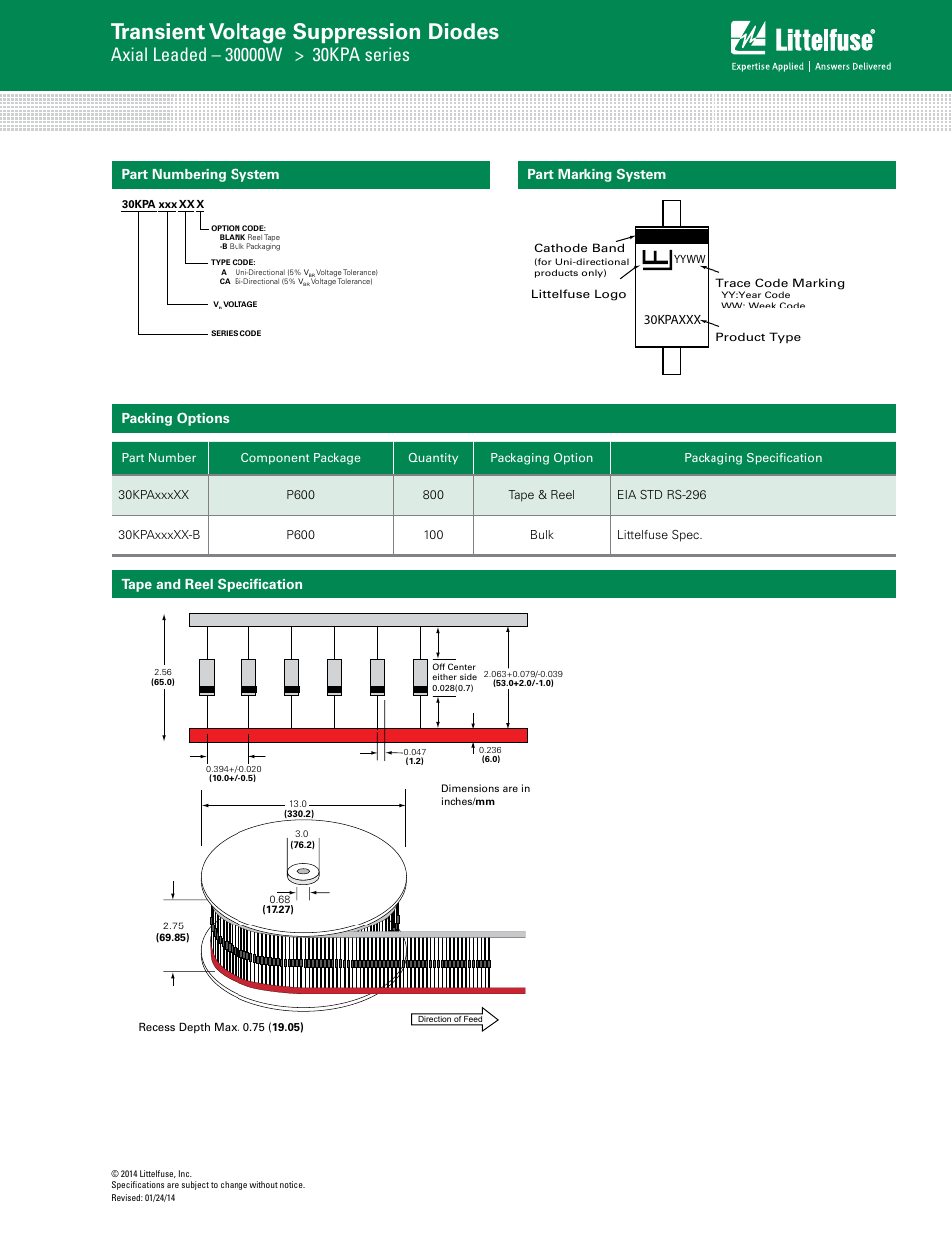 Transient voltage suppression diodes, Part numbering system packing options, Part marking system | Tape and reel specification | Littelfuse 30KPA Series User Manual | Page 6 / 6