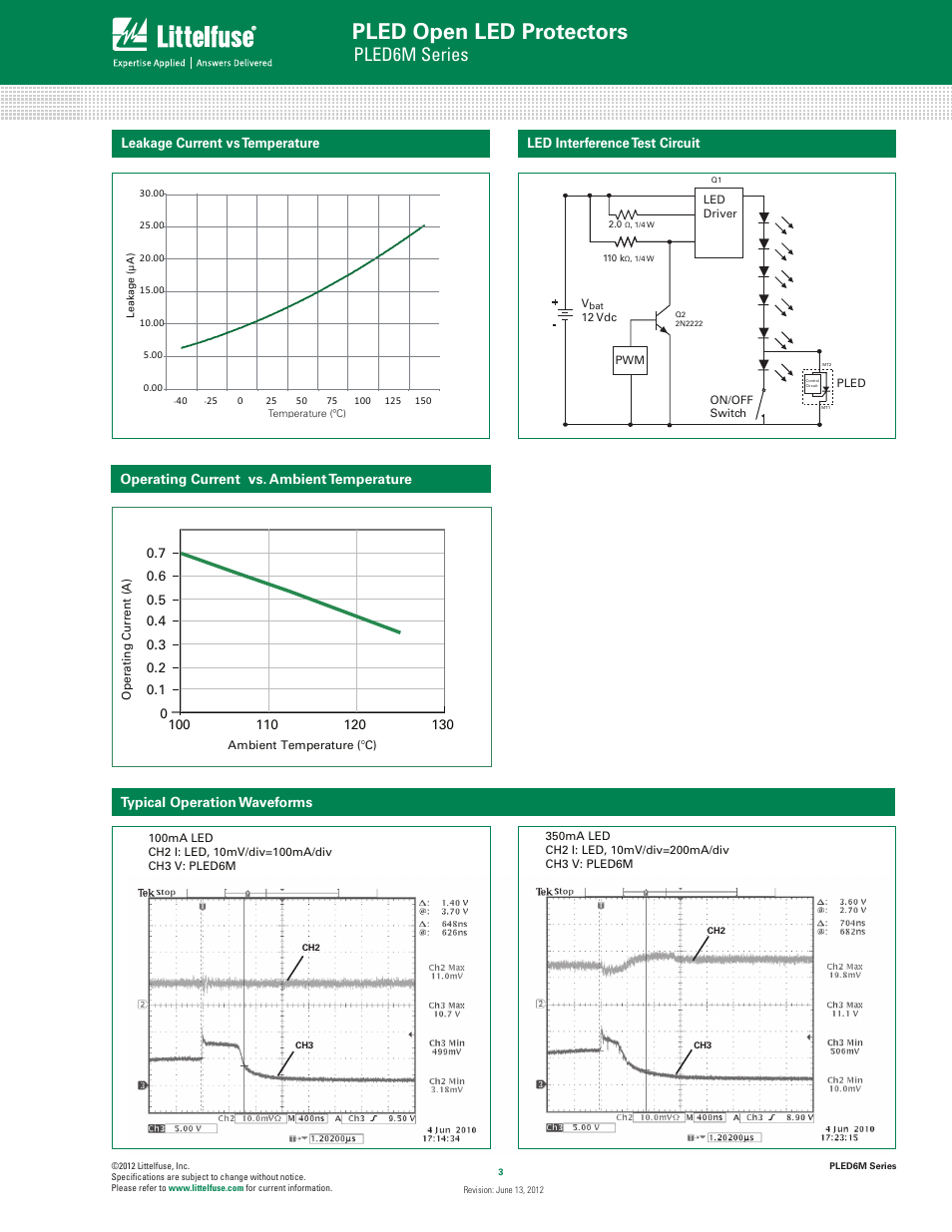 Pled open led protectors, Pled6m series, Led interference test circuit | Typical operation waveforms | Littelfuse PLED6M Series User Manual | Page 3 / 5