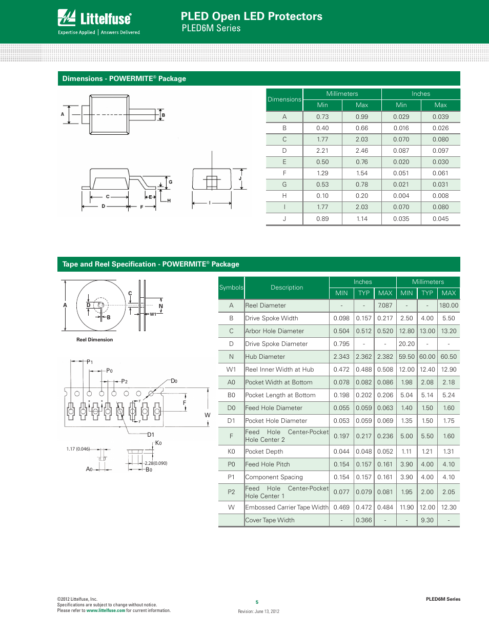 Pled open led protectors, Pled6m series | Littelfuse PLED6M Series User Manual | Page 5 / 5