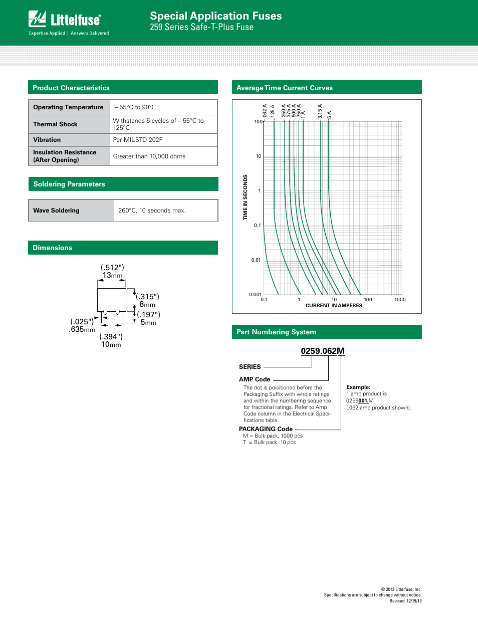 Special application fuses, 259 series safe-t-plus fuse, 259 series | Littelfuse 259 Series Safe-T-Plus User Manual | Page 2 / 2