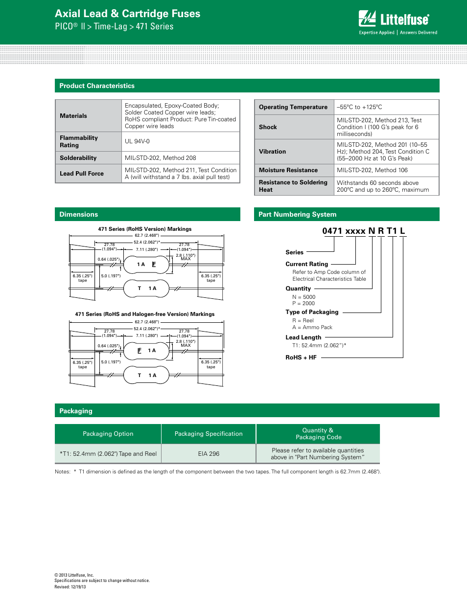 Axial lead & cartridge fuses, Pico, Ll > time-lag > 471 series | Littelfuse 471 Series User Manual | Page 3 / 3
